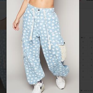 Heart Patterned Blue Cargo Pants